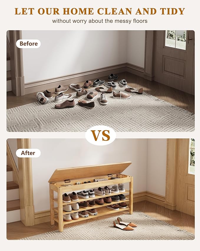 Shoe Rack Bench Seat Rubberwood 3-Tier Wooden Storage Bench 550lbs Compact Mid-Century Modern Design for Entryway, Hallway, Closet, Front Door Entrance, Foyer