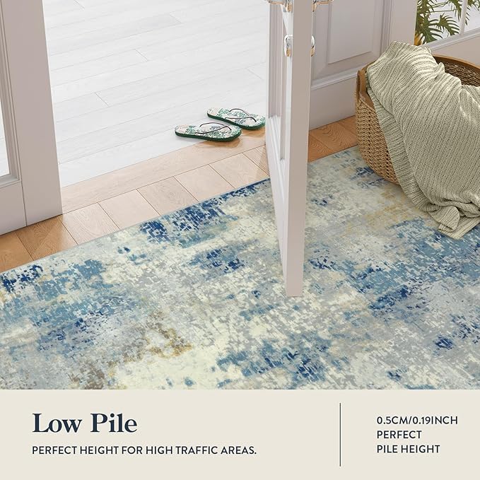 Lahome Modern Abstract Living Room Rug, Washable 8x10 Area Rugs for Bedroom Stain Resistant Non Slip, Large Blue Soft Indoor Carpet for Dining Room Table Apartment, Blue/Grey