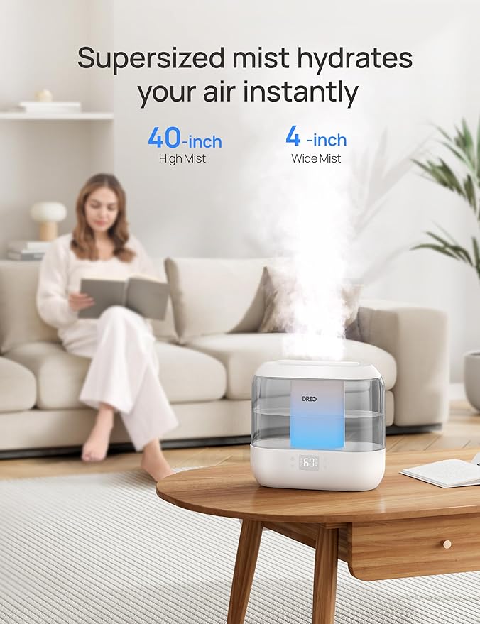 Dreo Smart Humidifiers for Bedroom, Top Fill 4L Supersized Humidifier Large Room with 28 dB, 36H Runtime, Touch/APP/Voice Control, Nightlight, Cool Mist Humidifiers for Baby, Plants, Indoor, Grey