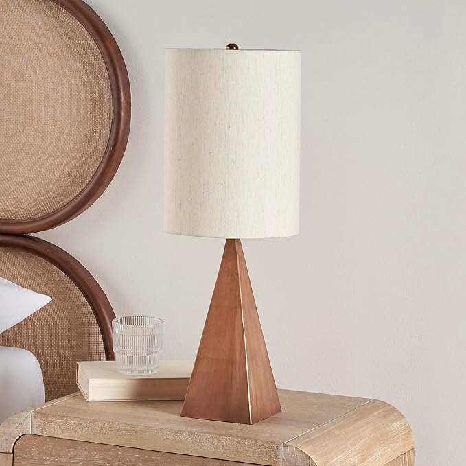 Nourison Home 21" Copper Finish Wood Triangle Table Lamp for Bedroom, Living Room, Dining, Office, Entryway