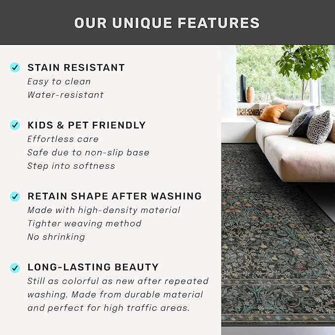 Dark Green 2x5 Runner Rug Non Slip Washable for Bathroom, Kitchen, Floral Boho Low Pile Entryway Rug, Door Mat Indoor Entrance, Small Carpet Runner for Laundry Room