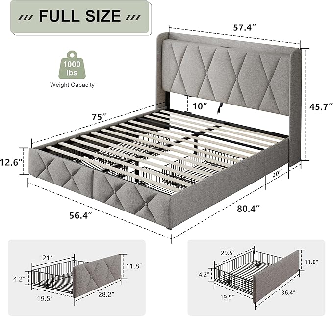 Feonase Full Bed Frame with 4 Storage Drawers, Upholstered Button Tufted Storage Headboard with Fast Charging Station, Heavy Duty Slats Support, No Box Spring Needed, Noise-Free, Light Grey