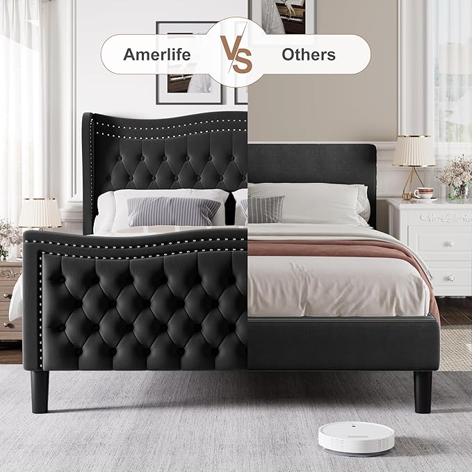 Queen Bed Frame with Tall Headboard & Footboard, Velvet Upholstered Platform Bed Frame with Deep Button Tufted Wingback, No Box Spring Needed, Noise Free, Black
