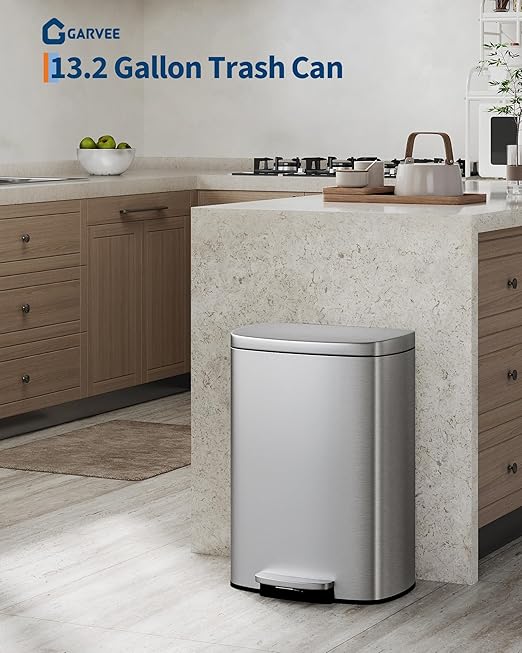 GarveeHome Stainless Steel Kitchen Trash Can, 13 Gal / 50 L Step-On Garbage Bin with Soft Close Lid, Large Rustproof Metal Trash Can for Kitchen, Silver