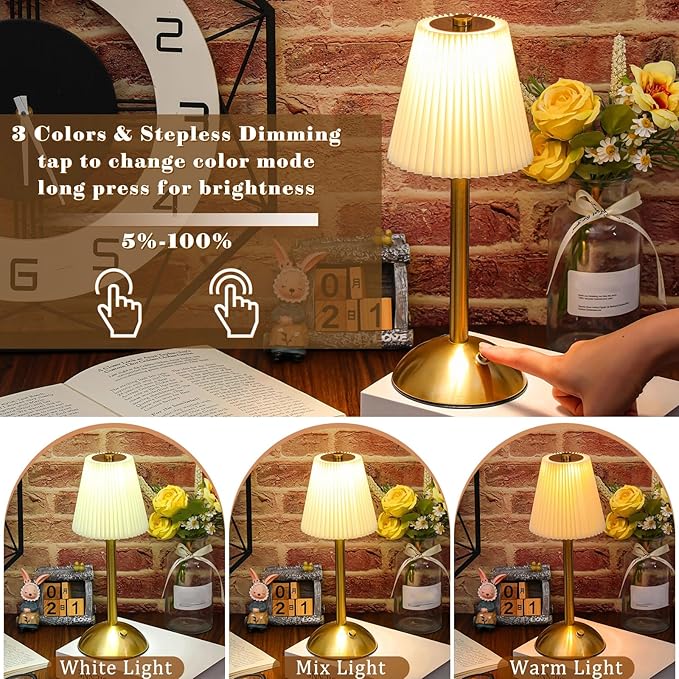 Liliful 2 Pcs Cordless Table Lamp Rechargeable Touch LED Small Gold Portable Battery Operated USB-c Desk Lamp 3 Color Dimmable for Bedroom Living Room Dining (Gold,Beige Cloth Style)