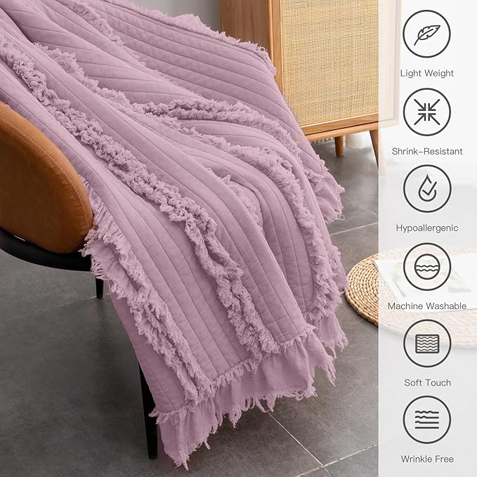 Ultra Soft Pre-Washed Warm Quilted Throw Blanket, Ruffle Fringed Purple Boho Decorative Throw, Stone Washed Chic Rustic Blanket for Sofa Couch Bed Chair, 50"x 60"