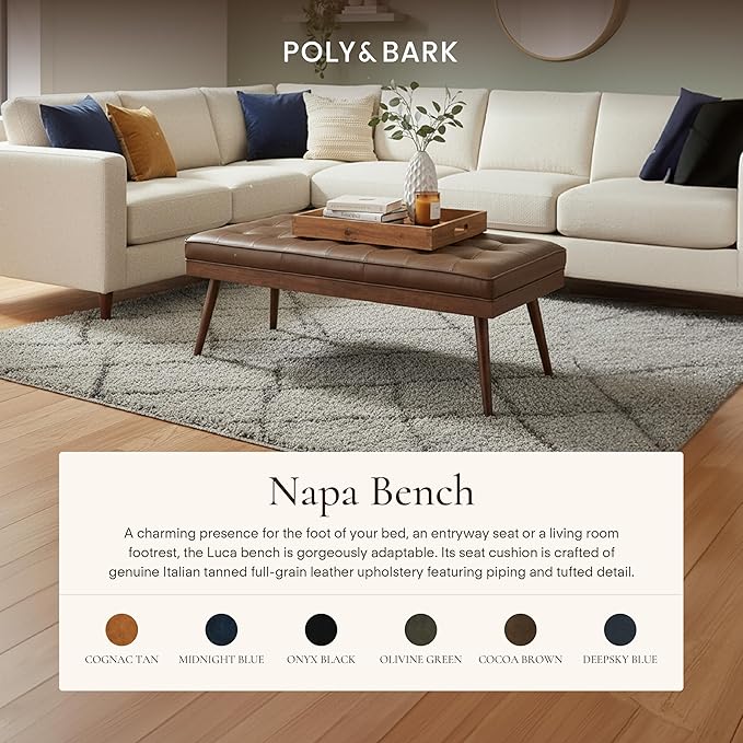 Poly & BARK 55" Tufted Leather Bed Bench for Bedroom End of Bed - Living Room Entry Way Bench - Pure Italian Leather Upholstery with a Solid Wood Frame - Ottoman Bench with Wooden Legs - Cocoa Brown