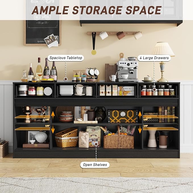70” Large Long Buffet Sideboard Cabinet w/4 Drawer,Farmhouse Buffet Storage Cabinet,Sliding Door,Buffet Coffee Bar Cabinet, Credenza for Living Room,Black