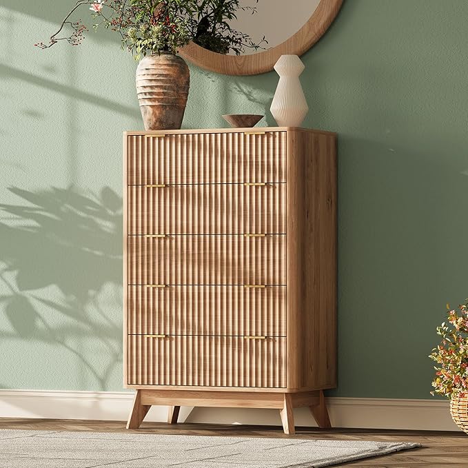 43'' Hight 5 Drawers Dresser for Bedroom,Modern Fluted Vertical Chest with Rounded Corners,Fluted Dresser for Living Room,Hallway, Natural Wood