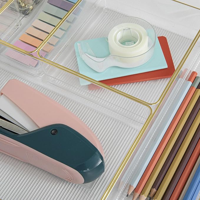 Martha Stewart Kerry Plastic Stackable Office Desk Drawer Organizers, Set of 6, with Gold Trim