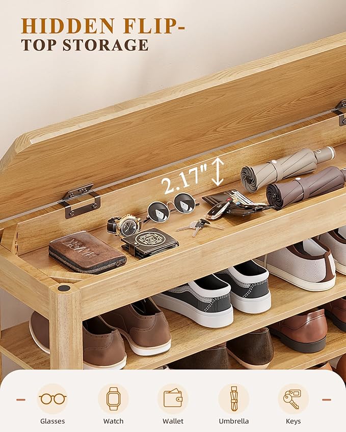 Shoe Rack Bench Seat Rubberwood 3-Tier Wooden Storage Bench 550lbs Compact Mid-Century Modern Design for Entryway, Hallway, Closet, Front Door Entrance, Foyer