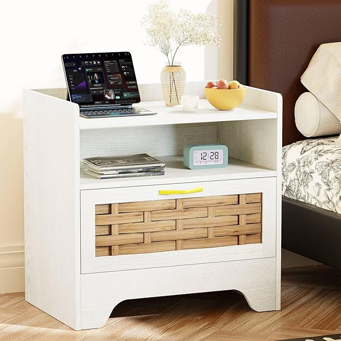 24" Rattan Nightstand with Storage Drawer, White Bedside Table with Semi Open Cubby, Boho Night Stand with Farmhouse Arched Base for Bedroom, Side Table, End Table for Dorm