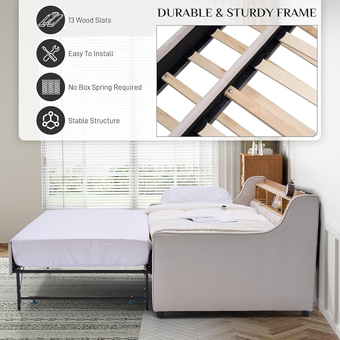 Twin Size Daybed with Pop Up Trundle Bed, Linen Fabric Upholstered Day Bed Frame with w/LED/USB/Type C/Storage Headboard, Twin to King Daybed for Living Room Bedroom, No Box Spring Needed, Beige