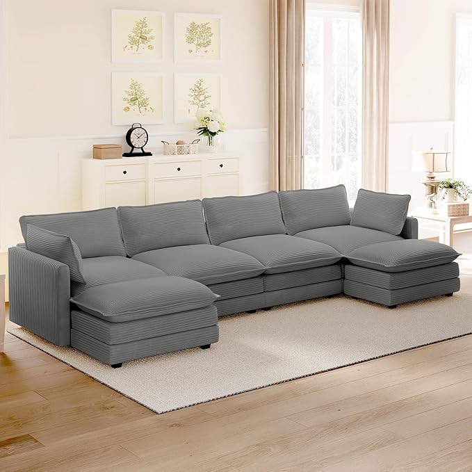 ROWHY 148'' Sectional Cloud Couch with 2 Ottomans, Oversized 4 Seat Sleeper Sofa with 2 Throw Pillows, Convertible Upholstered U Shaped Cozy Sofa Furniture Set for Living Room and Office, Dark Grey