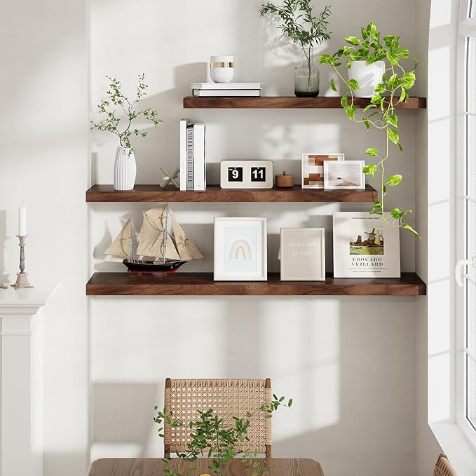 40 Inch Floating Shelves for Wall, 9.3 Inch Deep Shelves for Books & Decor, Wall-Mounted Floating Shelf 40 Inch Long Set of 2, Rustic Wooden Shelf for Living Room, Bedroom, Kitchen, Walnut
