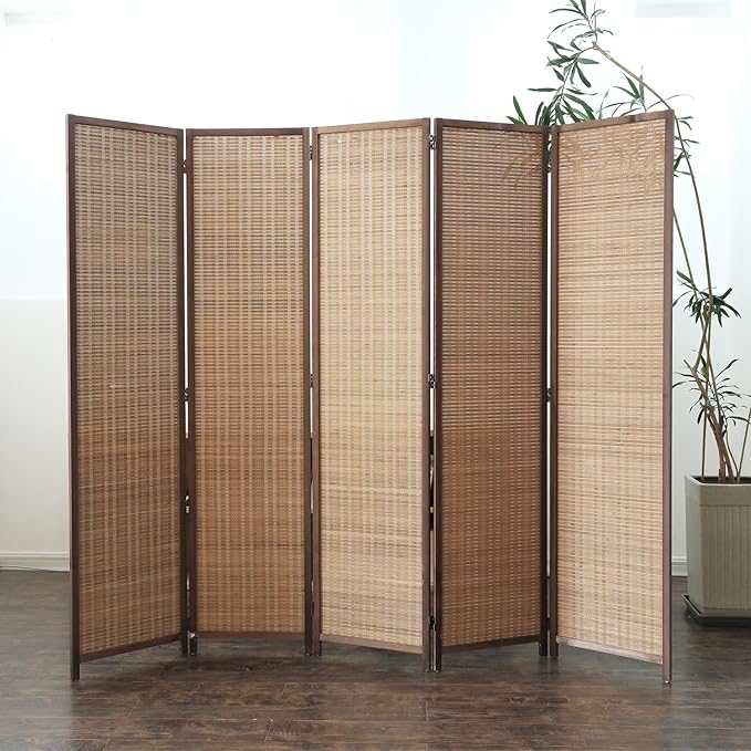 Furnnylane 5 Panel Bamboo Room Divider and Folding Panel Screen,Bamboo Panel Divider for Room Separation,Brown,67" H x 76.75" W
