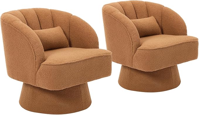 GarveeHome Modern Swivel Barrel Accent Chair, 360° Teddy Fabric Upholstered Armchair with Striped Backrest & Plush Padding, Comfy Round Lounge Chair for Living Room, Bedroom, Reading Nook, Brown 2 PCS