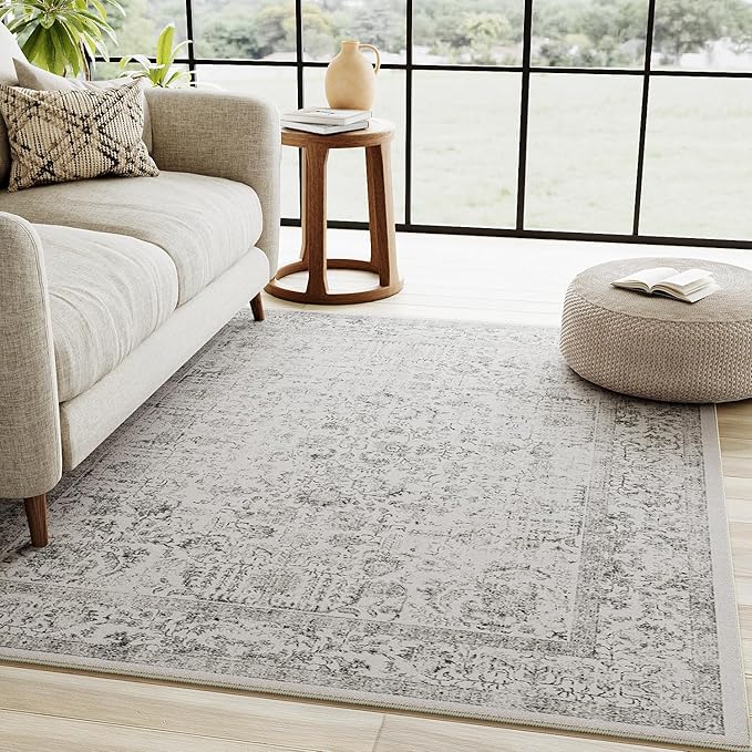 Gray Area Rug 4x5 Office Entryway Rug Machine Washable Kitchen Vintage Distressed Non Slip Carpet Indoor Grey Retro Floral Accent Throw Door Mat for Bathroom Bedroom Dining Living Room
