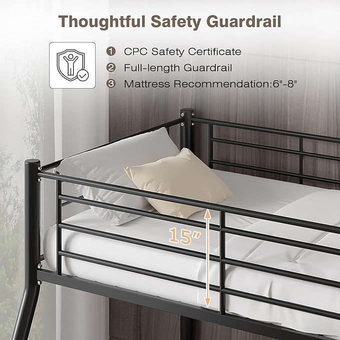 VECELO Bunk Bed Twin Over Full, Metal Bunkbeds with Ladder and Full-Length Guardrail, No Box Spring Needed, Space Saving, Noise Free, Matte Black
