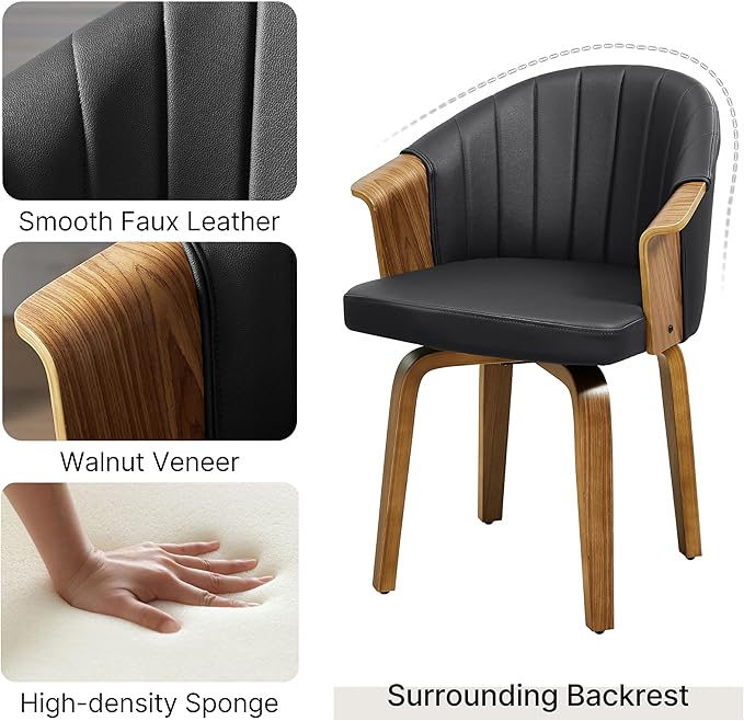 Art Leon Swivel Dining Chairs, Set of 2, Mid Century Modern Faux Leather Upholstered Kitchen Dining Room Chairs, Accent Desk Chairs with Wood Legs, Black/Walnut