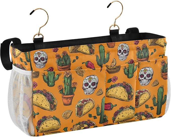 Bedside Caddy Hanging Bunk Bed Caddy Bed Organizer Hanging Pocket with 2 Hooks Bedside Storage Organizer Pocket Bag Holder Orange Mexico Tacos Chilis Skulls
