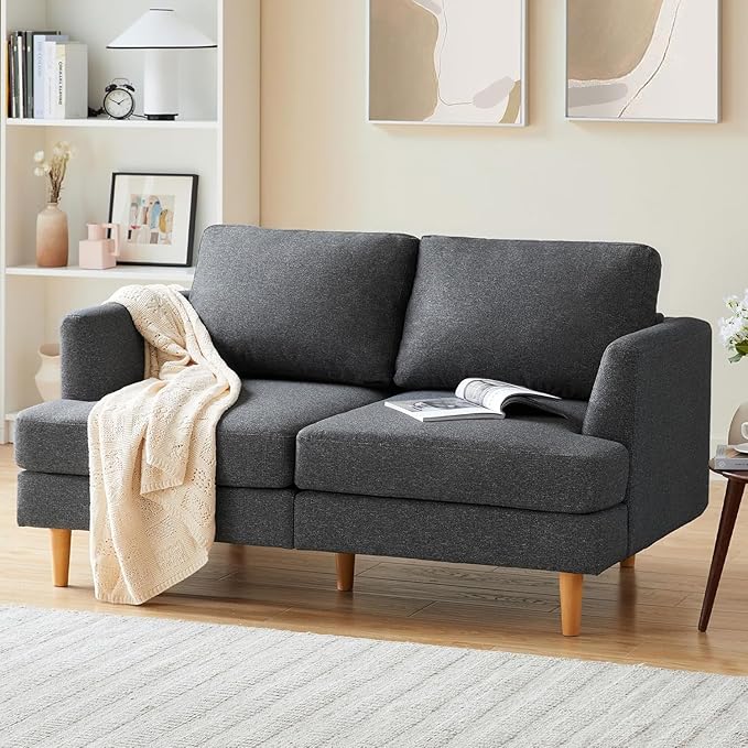 Loveseat Sofa 56", Small Couches for Small Spaces, Mid Century Love Seat Couches for Living Room, Upholstered 2-Seater Deep Couch for Bedroom, Apartment, Dark Grey