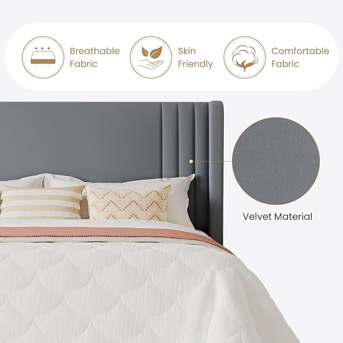SHA CERLIN Queen Size Velvet Upholstered Platform Bed Frame with Vertical Channel Tufted Wingback Headboard, Wooden Slats Support, Easy Assembly, Under Bed Storage, No Box Spring Required, Grey