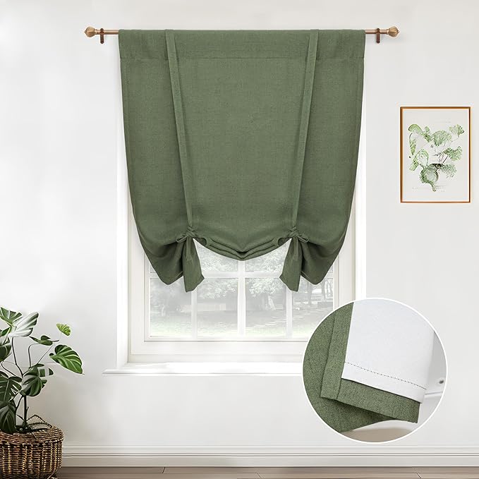 DriftAway Double Layer Linen Blackout Tie Up Curtains Thermal Insulated Fully Lined Balloon Roman Shade Bathroom Window Adjustable Rod Pocket for Small Window 25 Inch by 47 Inch Olive Green