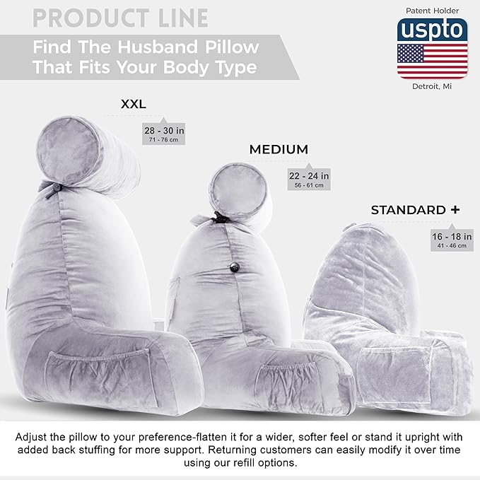 Husband Pillow XXL – Reading Pillow Bed Chair with Arms & Back Support – Light Grey - Back Pillow for Beds Sitting Up – Bed Rest Arm Pillow – Comfy Reading Pillow for Adults