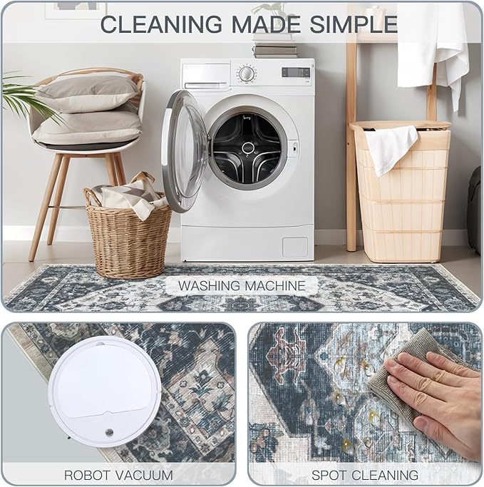 3x5 Vintage Washable Area Rug for Living Room,Low Pile Non Slip Carpet Non-Shedding Small Area Rug Soft Indoor Stain Resistant Rug Floral Print Mat for Bedroom Dining Room Blue Beige