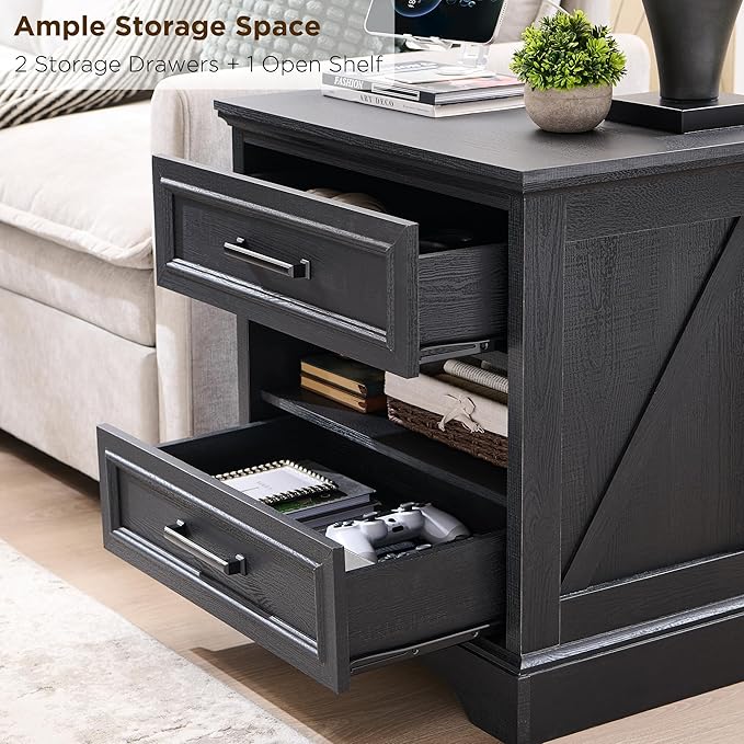 ACCOHOHO 24" Farmhouse Nightstand with Charging Station, 2 Drawers Large Bedside Table with Open Shelf, Rustic End Table for Bedroom - Black