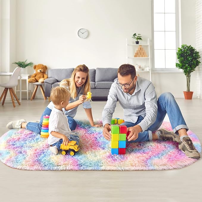 Noahas Fluffy Rainbow Rugs for Bedroom Girls,2'X5' Oval Throw Rug for Kids Room,Shag Hallway Runner Rug,Small Soft Shaggy Bedside Non-Slip Plush Nursery Dorm Carpet Home Decor