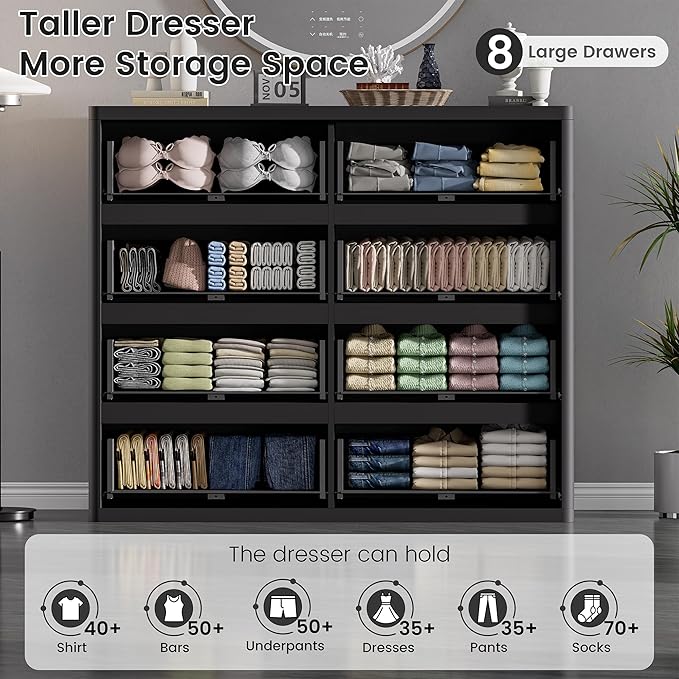 Black Dresser for Bedroom, 8 Drawers Double Fluted Dressers, Modern Chest of Drawers with Curved Profile, Handleless, Storage Closet Dressers for Bedroom, Living Room, Entryways