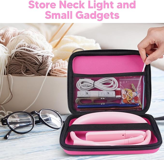 Pink Neck Light with Storage Case, 10-80Hrs Eye-friendly Book Reading Lamp, Knitting Crochet Sewing Craft Light Rechargeable Adjustable, Christmas Birthday Gifts for Book Lovers Knitters Crafters