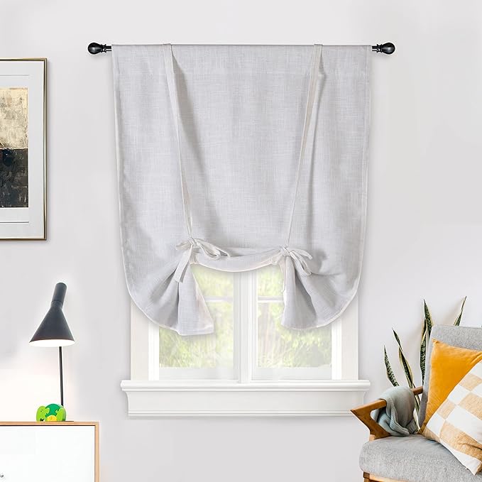 DriftAway Double Layer Linen Blackout Tie Up Curtains Thermal Insulated Fully Lined Balloon Roman Shade Bathroom Window Adjustable Rod Pocket for Small Window 25 Inch by 47 Inch Ivory