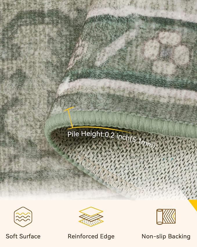 Area Rugs 2'x6' Washable Non-Slip, Floral Vintage Distress Print Pattern Medallion Carpet for Living Room Bedroom Dining Room, Dark Green Gray