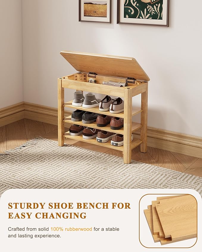 Shoe Rack Bench Seat Rubberwood 3-Tier Wooden Storage Bench 550lbs Compact Mid-Century Modern Design for Entryway, Hallway, Closet, Front Door Entrance, Foyer