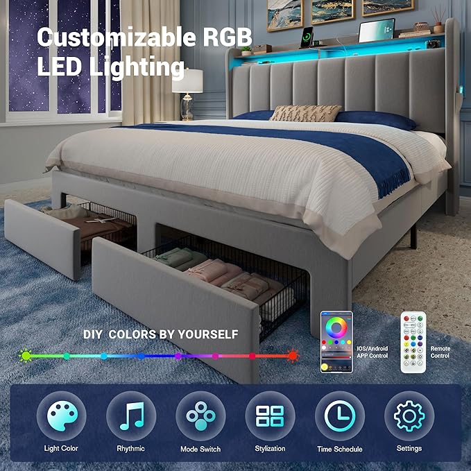 Allewie Velvet Vertical Tufted Full Size Upholstered Platform Bed Frame with 2-Tier LED Storage Headboard & 2 Storage Drawers, USB & Type-C Charging Ports, Noise-Free/No Box Spring Needed, Grey