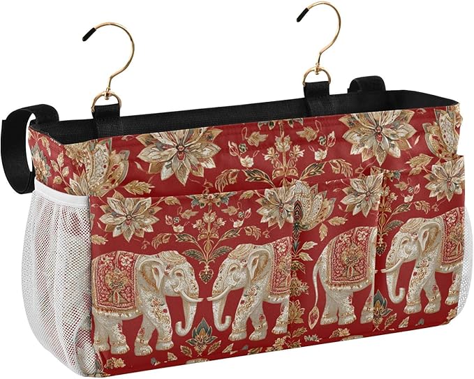 Bedside Caddy Hanging Bunk Bed Caddy Bed Organizer Hanging Pocket with 2 Hooks Bedside Storage Organizer Pocket Bag Holder Red Retro Elephant Flowers