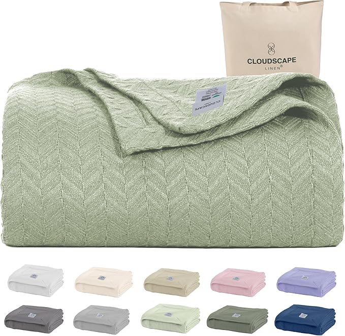 Cloud Scape Linen 100% Cotton Blanket King 92x108 Seafoam - Cozy Herringbone Weave, Fits Up to Cal King Beds, Breathable Softness, All-Season Warmth, Heavy Layering Winter Blanket