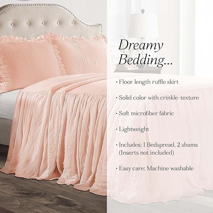 Lush Decor Ruffle Skirt Bedspread Set - 3-Piece Luxurious Farmhouse Bedding - Elegant Ruffle Detail - Timeless Style - Soft Lightweight Sheets - King, Blush