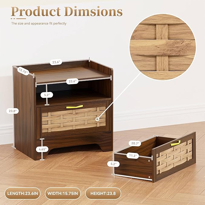 24" Rattan Nightstand with Storage Drawer, Walnut Bedside Table with Semi Open Cubby, Boho Night Stand with Farmhouse Arched Base for Bedroom, Side Table, End Table for Dorm