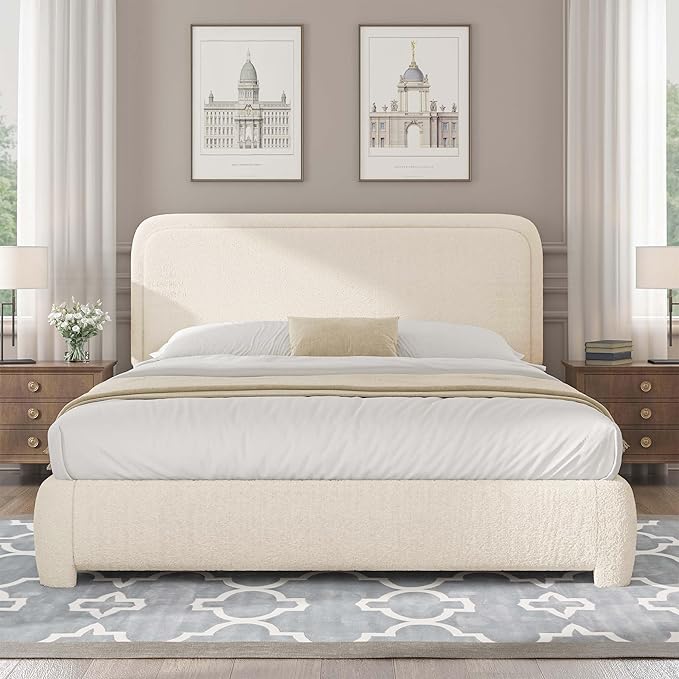 BarnFurin Full Size Bed Frame with Headboard, Cloud Boucle Upholstered Platform Bed Frame, Modern Style, Soft Rounded Corners, No Box Spring Required, Easy Assembly, Cream