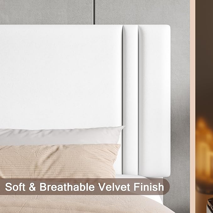 Upholstered King Size Bed Frame with Linen Fabric Headboard, Strong Wooden Slats Support, Noise Free, No Box Spring Needed, White