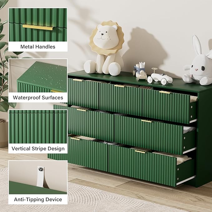 Green Dresser for Bedroom, Modern Dresser with 7 Drawers and Smooth Slides, Wide Chest of Drawers with Golden Handles for Bedroom, Living Room, Closet, 15.7" D x 55.1" W x 31.4" H