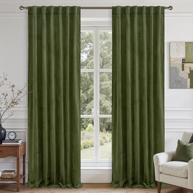 LAMIT Sage Green Velvet Curtains 108 Inches Long for Living Room, Luxury Thermal Insulated Blackout Panels Back Tab and Rod Pocket Room Darkening Drapes for Bedroom, 2 Panels, 52 x 108 Inch