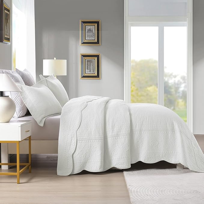 MarCielo 100% Cotton Quilt Set - 3-Piece Embroidered Farmhouse Bedspread & Shams, All-Season Breathable Bedding(TG Bright White,Queen)
