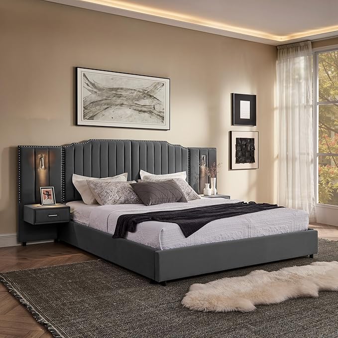 King Size Bed Frame with Storage, Luxury King Platform Bed Frame with Headboard, Velvet Fabric Upholstered Bedframe with LED Lights, Solid Frame & Bedside Table, No Box Spring Needed, Gray