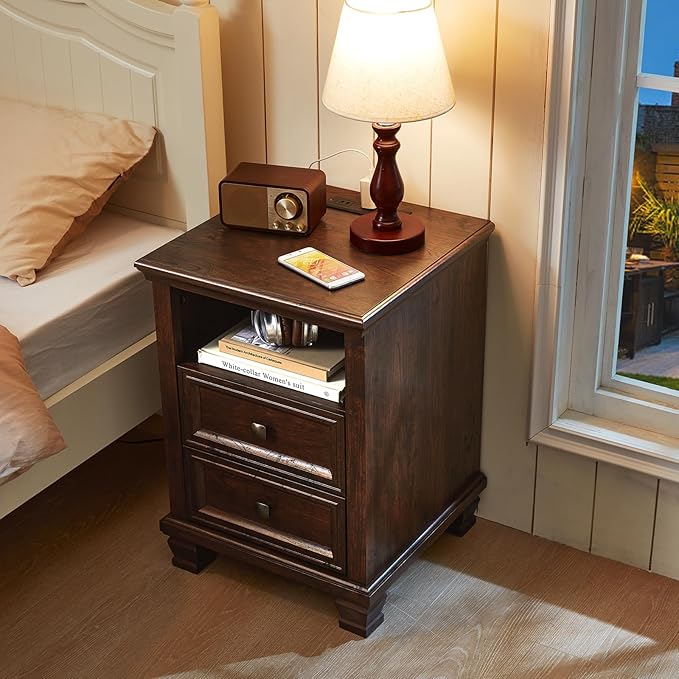 SAVOR LIFE Farmhouse Nightstand with Charging Station, Rustic Brown Nightstand, 2 Drawers End Table, Bedside Table with Open Shelf for Bedroom, Walnut
