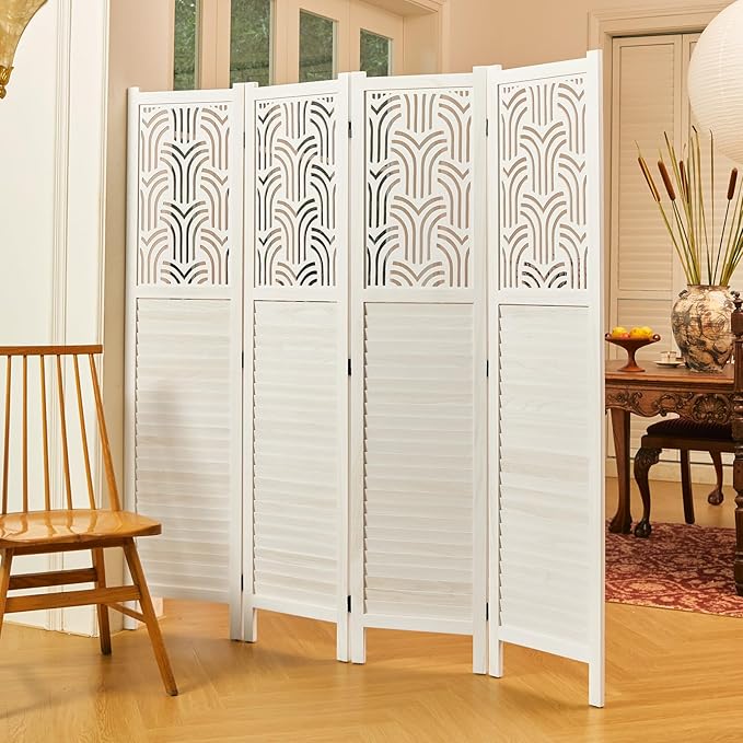 Svimi Folding Room Divider, 66.9 Inch 4 Panels Wood Carved Privacy Screens, Free Assembled Freestanding Portable Separation Wall for Home Office Restaurant Bedroom (White)